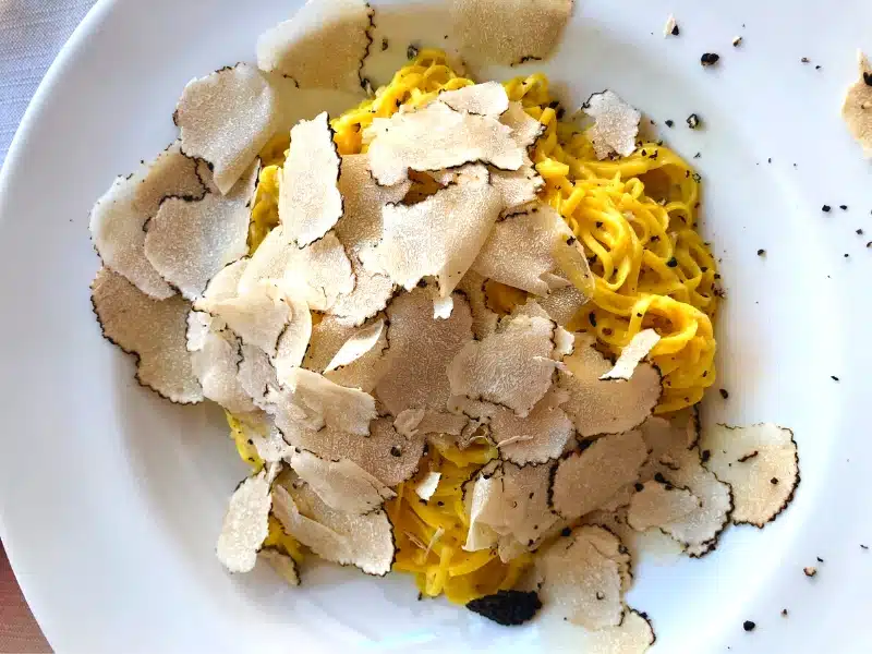 a white bowl filled with pasta covered in white truffle shavings