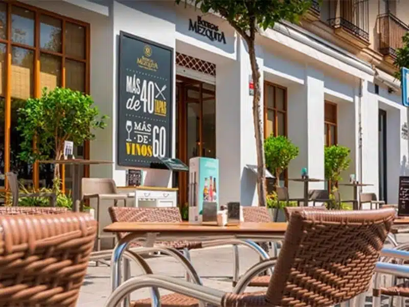 street view of a Spanish restaurant with seating and tables outside