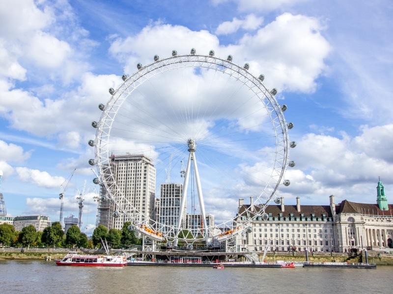 The London Eye overlooking a river boat on the Thames with county hall behind