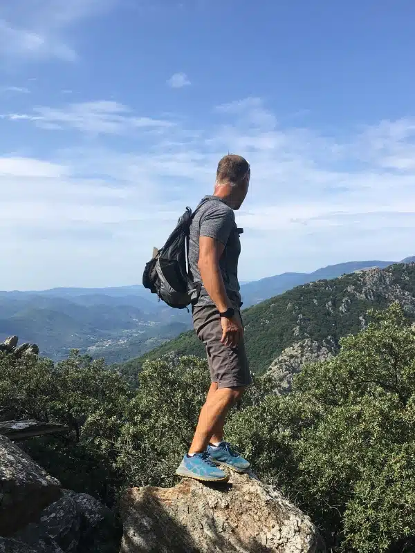 Man in a t-shirt and shorts looking over a landscape of mountains and forests