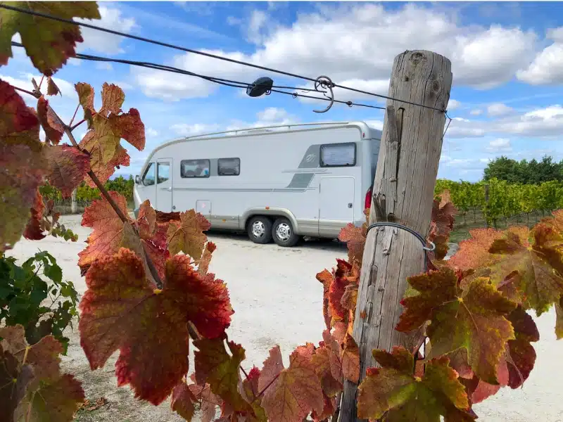 motorhome parked by vineyards in autumn