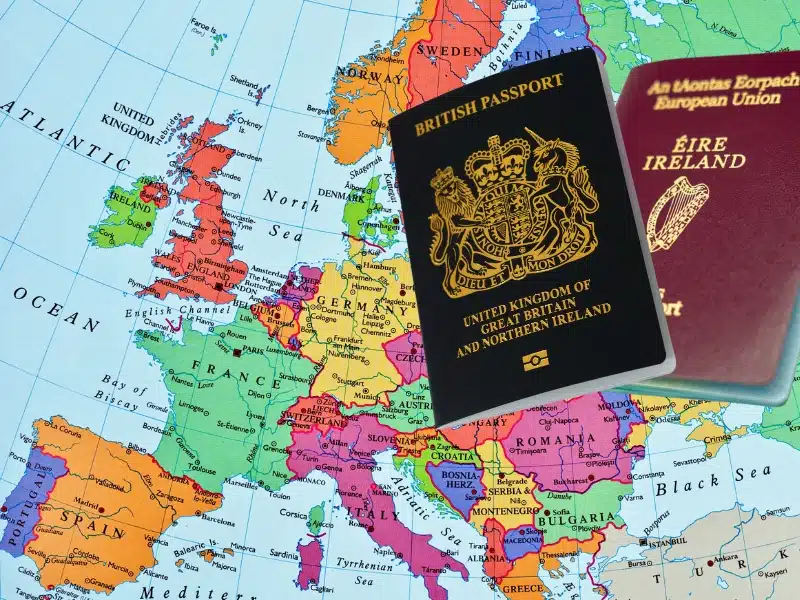 map of Europe with an Irish and British passport