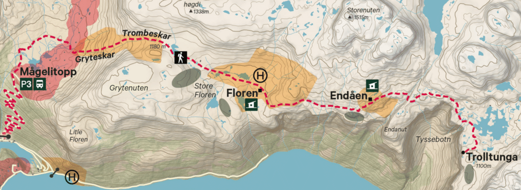 map of Trolltunga hiking route