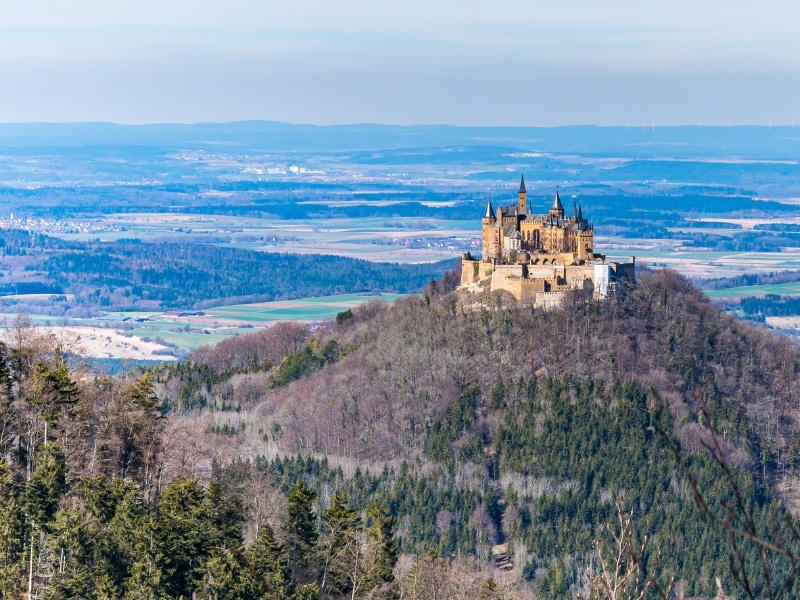large many-turreted cream castle on a hill overlooking a flat plain of fields and woods