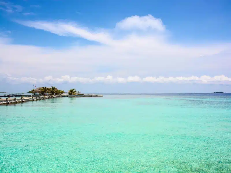 turquoise seas with a jetty and palm trees in the distance