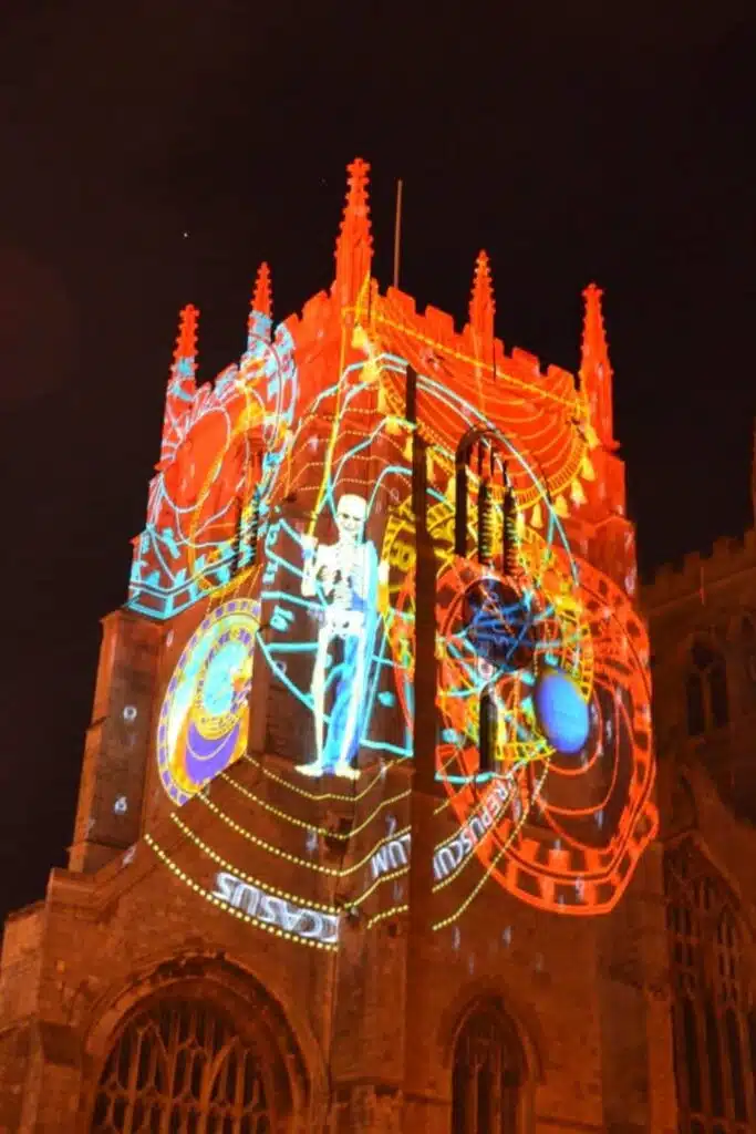 church tower with light display