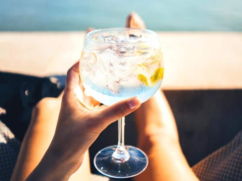 person holding a baloon glass of gin and tonic with ice and lemon