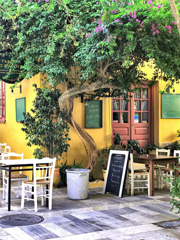 green and pink tree shading a few tables and chairs outside a yellow building with brown doors and a chalkboard