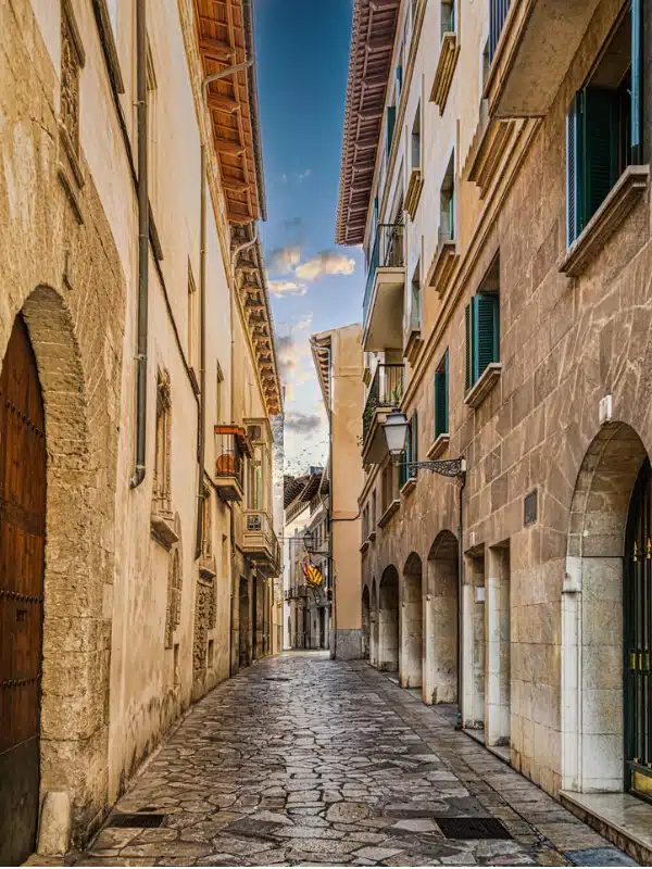 narrow cobbled street lined by tall houses of traditional architecture in Spain