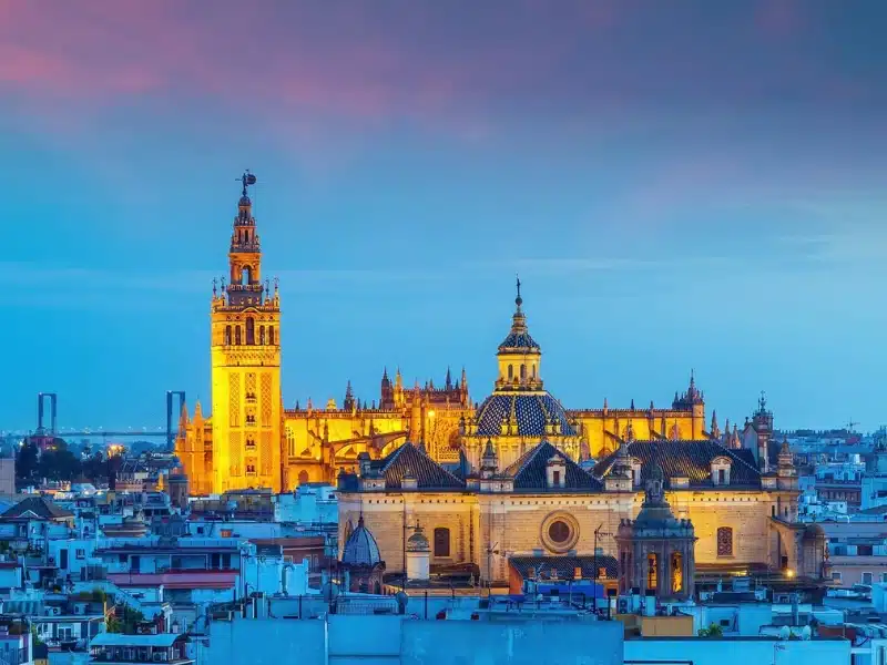 historic Spanish cathedral lit up at night