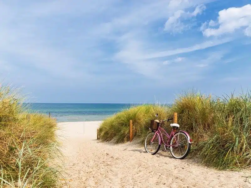 pink bicycle with a white saddle and basket leaning againt a wooden post on a sandy path to the beach