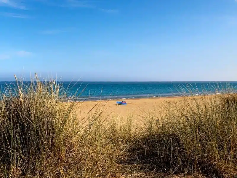 Golden sands, blue sky and sand dunes at Winterton-on-Sea beach