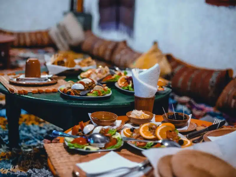 table laid with tradtitional Moroccan food