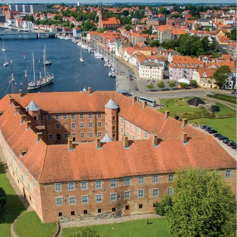 large water side castle seen from above with red roofed town in the background