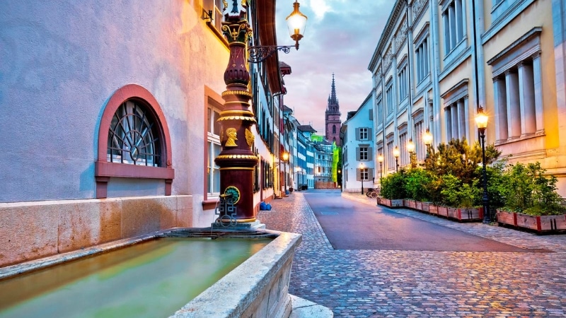 evening street scene in Basel Switzerland