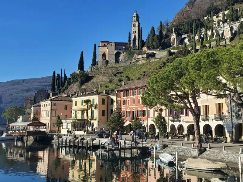 pastel painted houses and trees by a lake