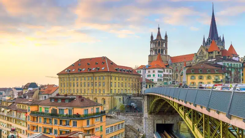 colorful city skyline with houses, abridge and towers