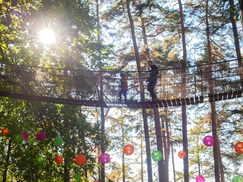 man and child crossing rope bridge surrounded by trees and Chinese lanterns