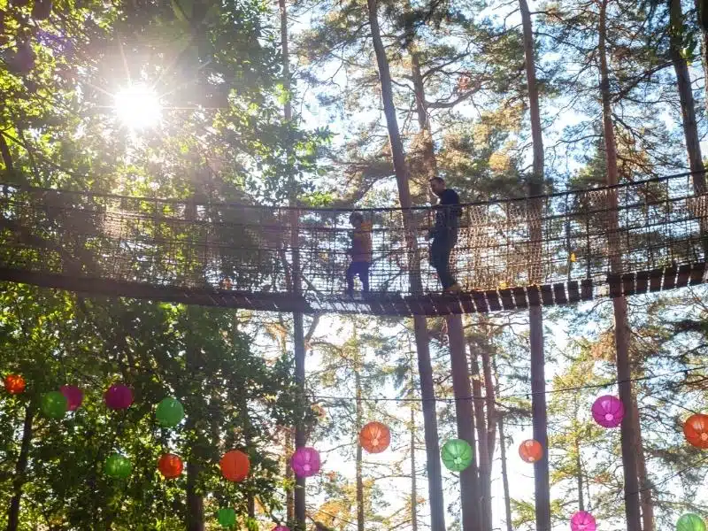 man and child crossing rope bridge surrounded by trees and Chinese lanterns