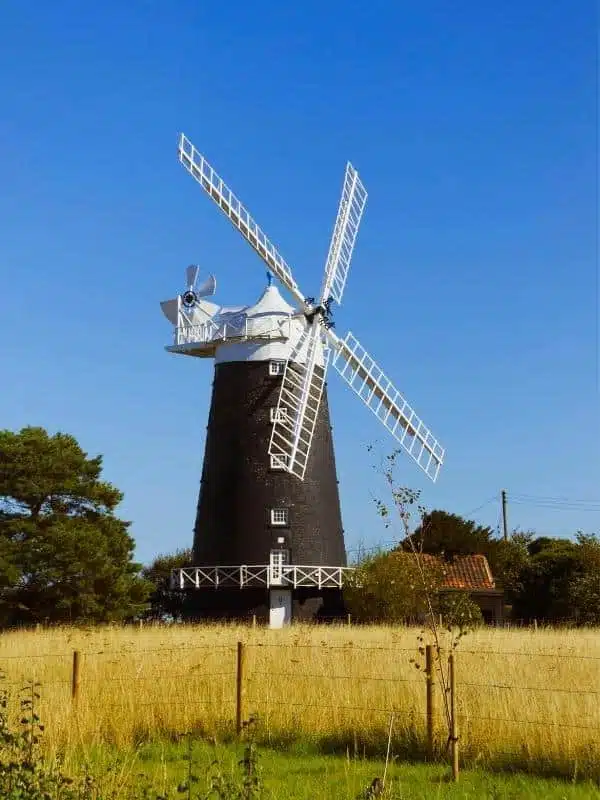 black and white windmill in a field of grasses