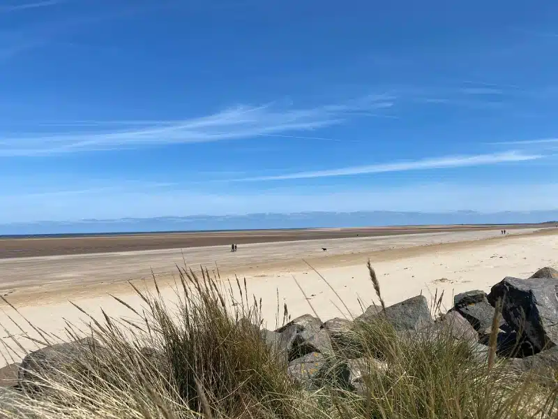 large beach with a few people walking, see across rocks and through grassy dunes