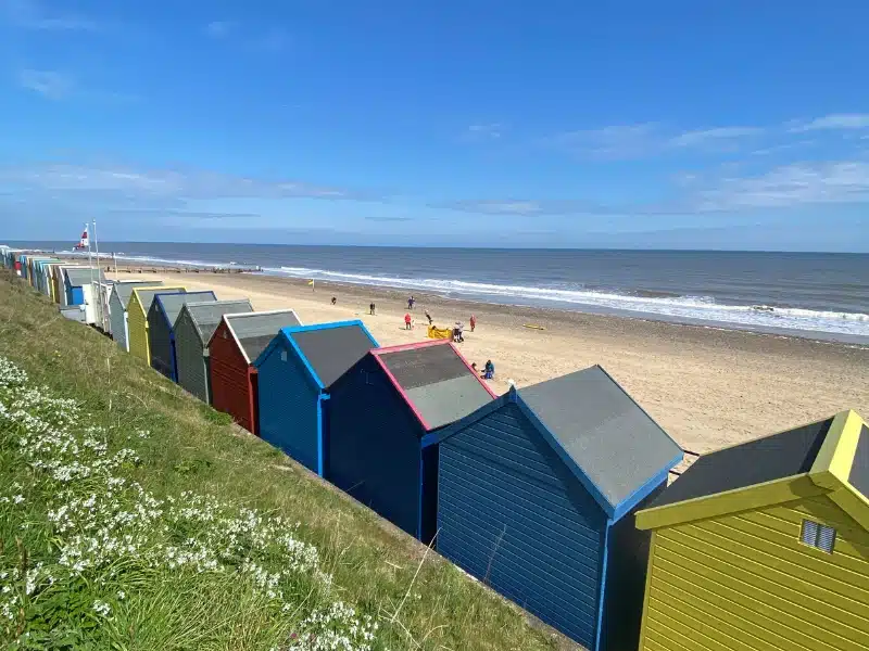 colourful wooden beach huts between a grassy bank and the beach