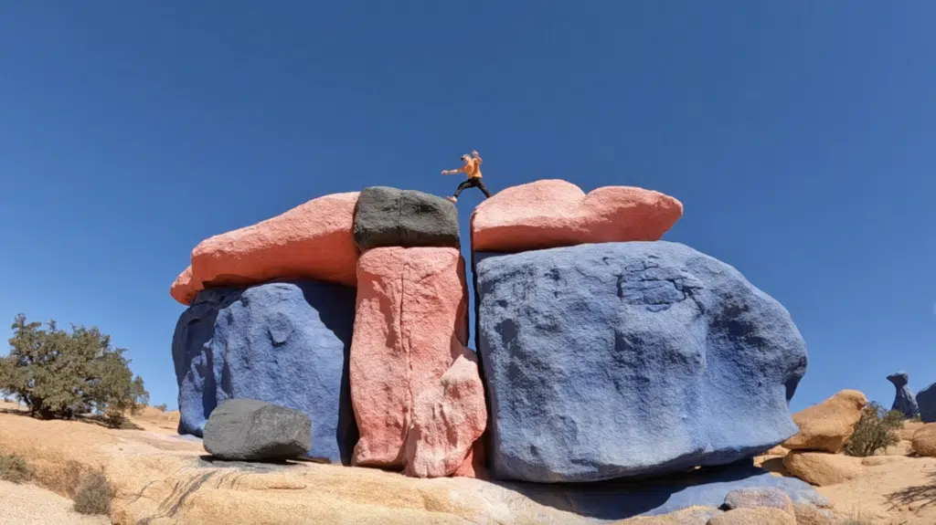 man leaping between painted rock stacks