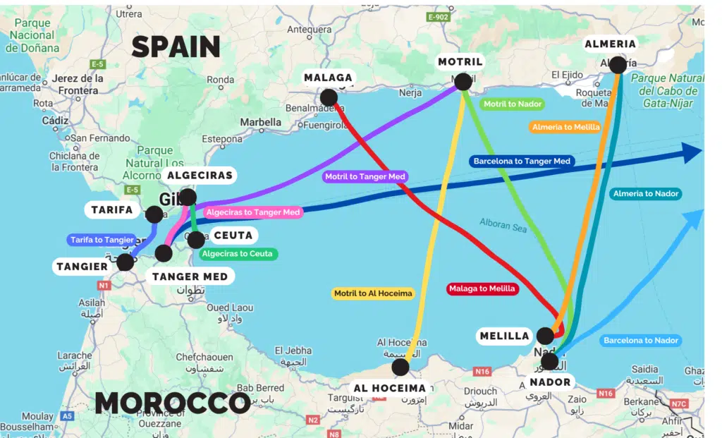 Spain to Morocco ferry map