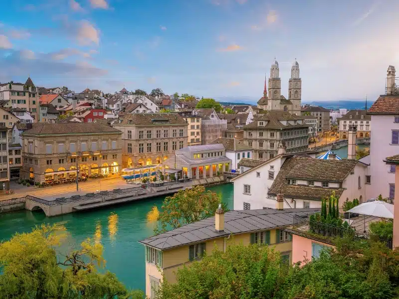 Zurich city downtown skyline cityscape of Switzerland at sunset