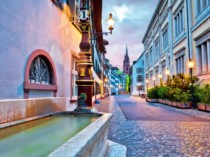 Basel historic upper town architecture evening view, northwestern Switzerland