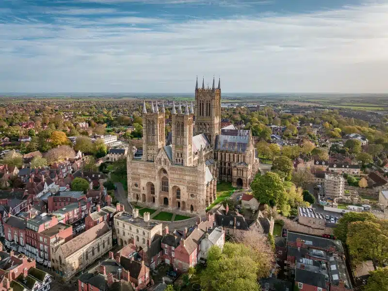 Large cathedral surrounded by an urban environment with trees