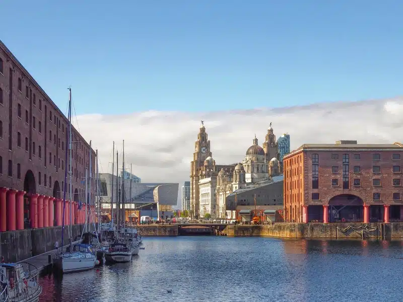 The Albert Dock in Liverpool surrounded by historic and modern buildings