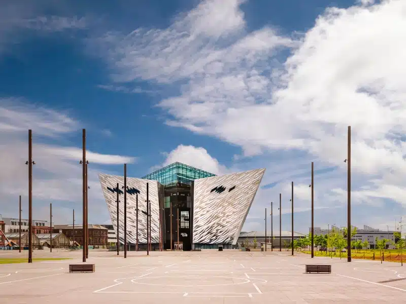 modern glass building in Belfast's Titanic Quarter