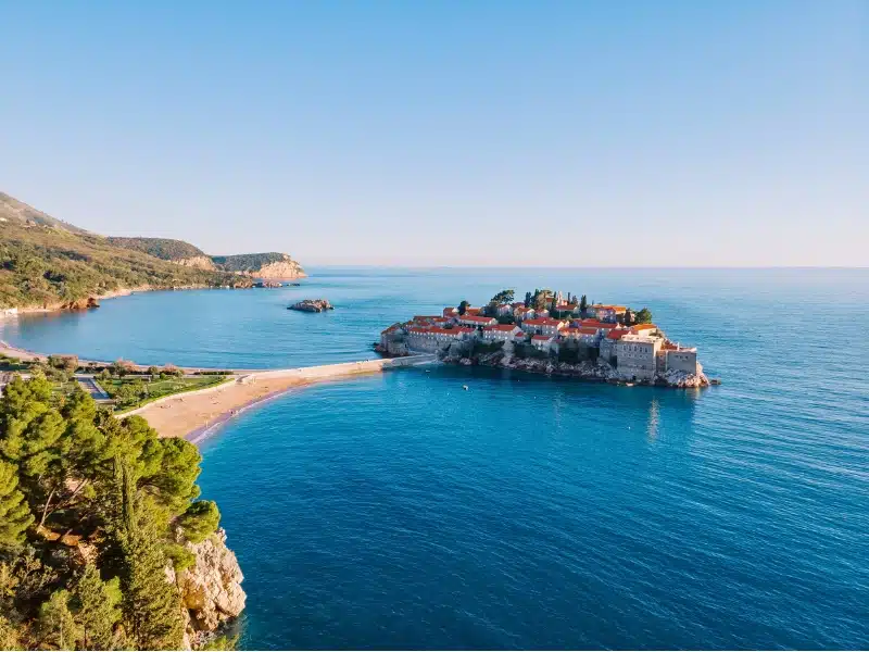 Island of Sveti Stefan off the mountainous coast of Montenegro.