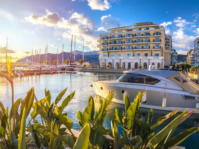 moored in a marina with modern buildings in the background