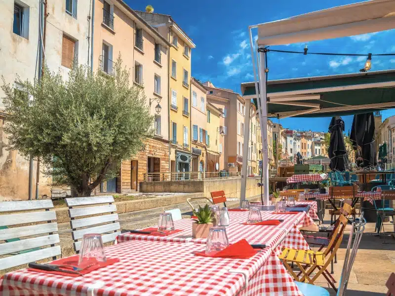 Aix En Provence scenic colorful restaurant street view, southern France