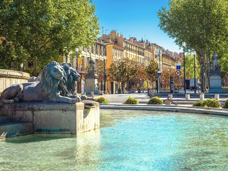 Aix en Provence fountain and cityscape view, Provance region of southern France