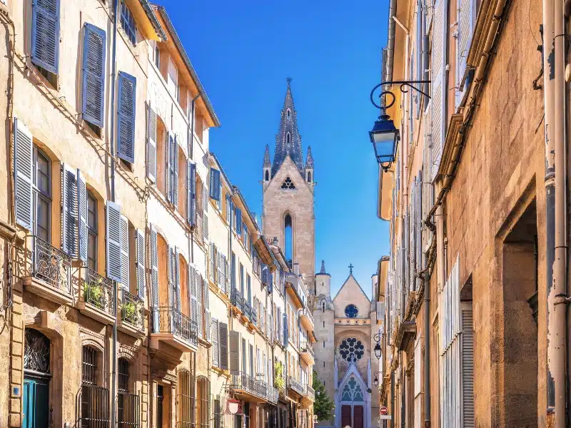 Aix En Provence scenic alley and church view, southern France