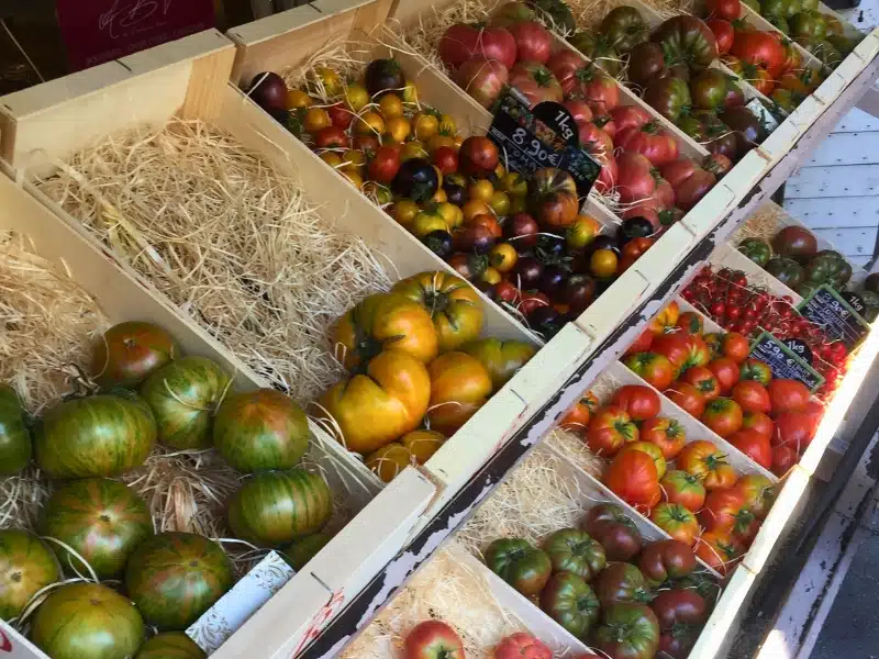 Different varieties of tomatoes in boxes of hay on display on an Aix market stall