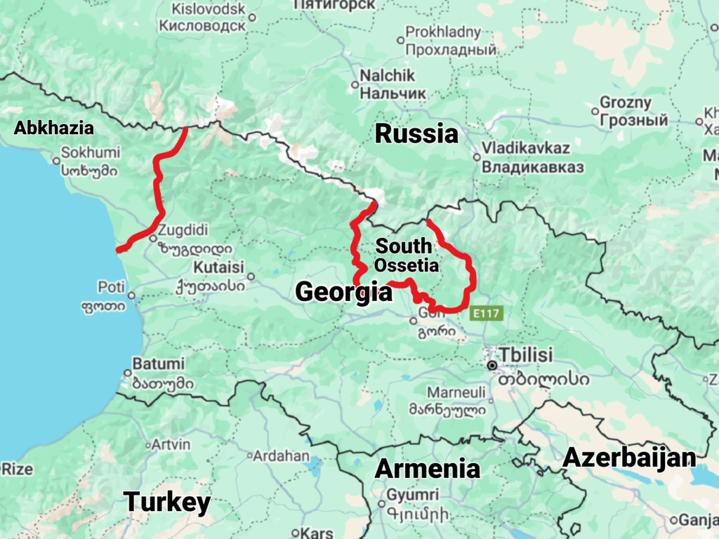 map of Georgia with South Ossetia and Abkhazi outlined in red