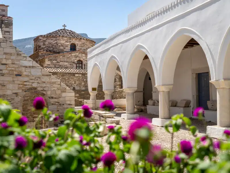 Pink flowers against a white srached building and the stone church of Panagia Ekatontapiliani in Paros