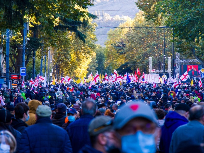 tree lined street full of people carrying Georgian flags 