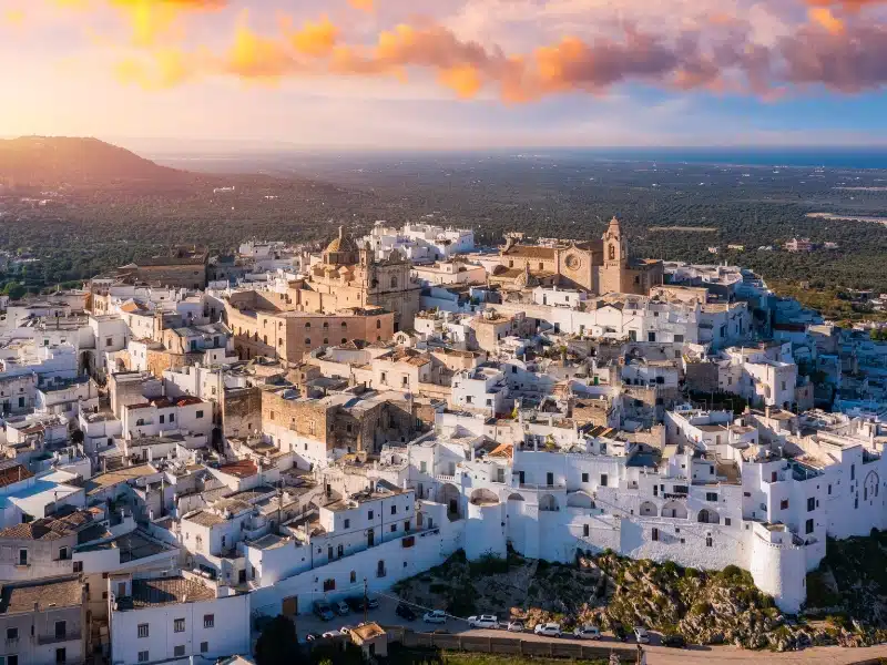 View of Ostuni white town, Brindisi, Puglia (Apulia), Italy, Europe. Old Town is Ostuni's citadel. Ostuni is referred to as the White Town. Ostuni white town skyline and church, Brindisi, Italy.