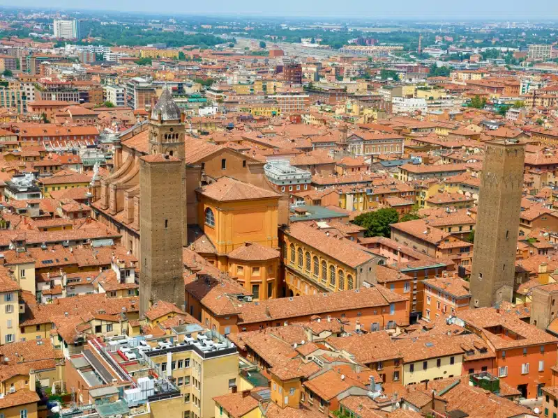 Bologna aerial cityscape view with cathedral and old medieval city center with Altabella and Uguzzoni Towers, Bologna, Italy