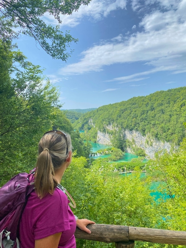 Woman in a pink t-shirt with a ponytail looking across lakes and trees from height