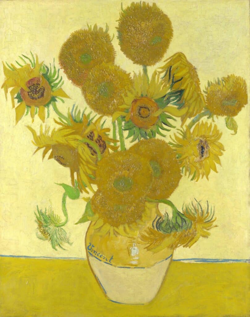 Van Gogh, art and painting of sunflower, bouquet and vase on table with golden light in creative style. Vintage, artwork and sad still life of flowers on canvas, print or drawing in oil paint.