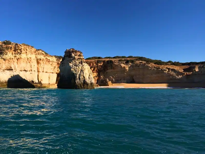 Summer Atlantic ocean rocky coastline near Carvoeiro town, Lagoa, Algarve - Portugal.