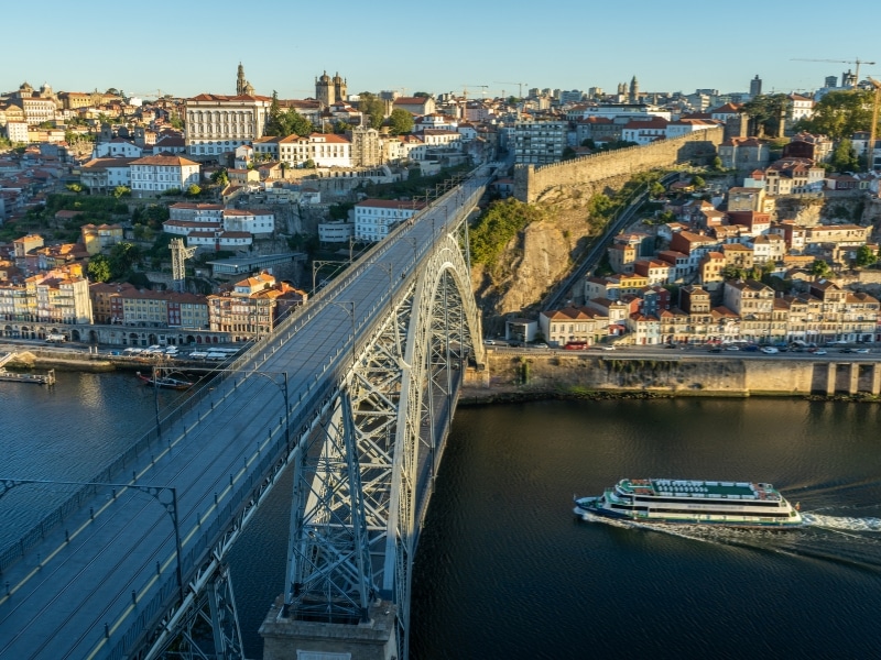 Porto City, Douro River and Empty Dom Luis Bridge I in Morning. View from Famous Tourist Viewpoint Miradouro da Serra do Pilar. 