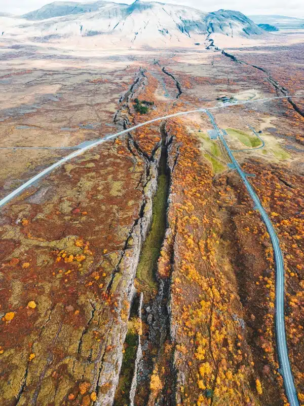 Aerial view of Thingvellir National Park - famous area in Iceland right on the spot where the Atlantic tectonic plates meets. UNESCO World Heritage Site, western Iceland, and site of the Althing