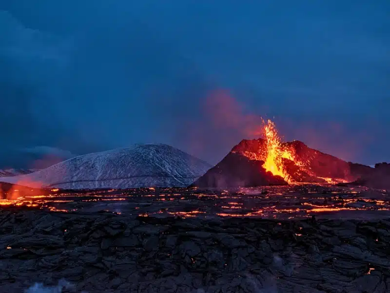 Fagradalsfjall volcanic eruption at night in Reykjanes peninsula around 40 kilometres from Reykjavik, Iceland